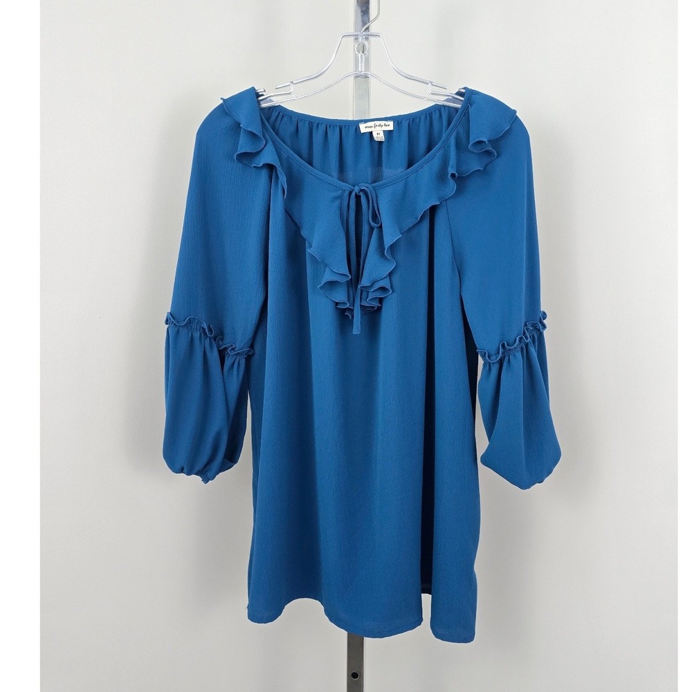 Seven Forty Two Ruffle 3/4 Sleeve Tie Neck Blue M‎
